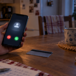 Une main tient un téléphone qui affiche un appel entrant, posé près d’une carte bancaire retournée sur une table de cuisine.