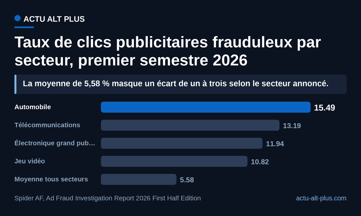 L’automobile subit un taux de clics frauduleux près de trois fois supérieur à la moyenne tous secteurs. Taux observés sur le seul périmètre de clics inspecté par Spider AF, pas sur l’ensemble du marché mondial.