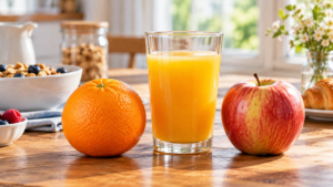 Une orange entière et une pomme posées à côté d’un verre de jus sur une table de petit-déjeuner.