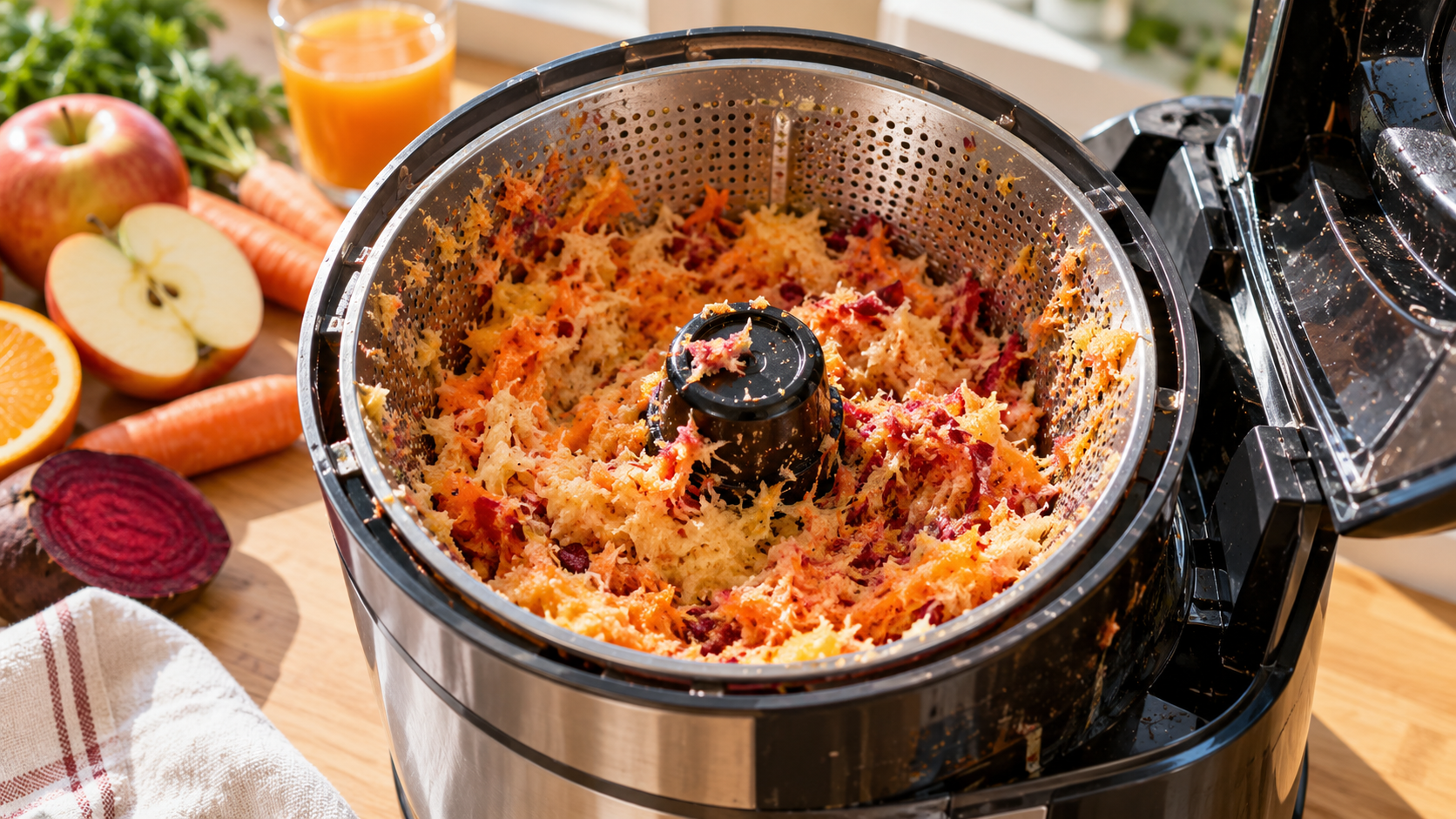 Le panier d’une centrifugeuse rempli de pulpe humide après le pressage de fruits.