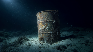 Faisceau lumineux d’un sous-marin éclairant un fût métallique rouillé posé sur le sédiment clair des abysses.