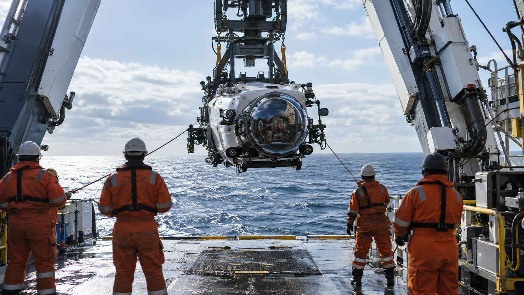 Sous-marin habité suspendu à un portique à l’arrière d’un navire océanographique, équipage de dos en combinaison orange.