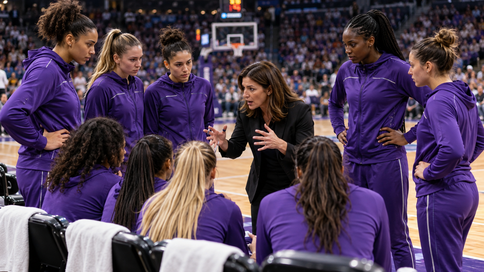 Des joueuses en survêtement violet debout devant le banc pendant un temps mort, une entraîneuse leur parle.