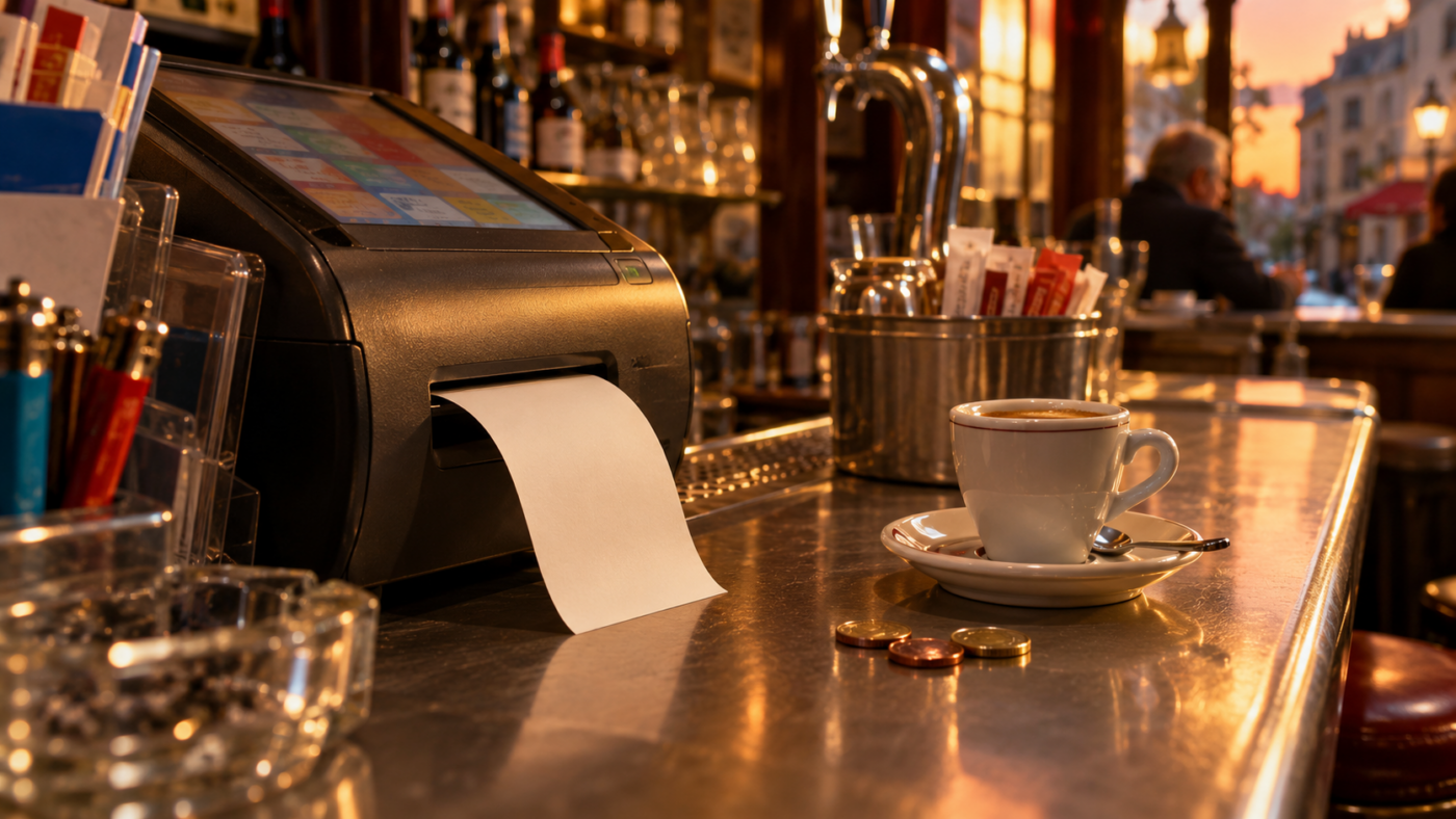 Comptoir de zinc d’un bar-tabac, un ticket de papier vierge sortant d’un petit terminal, une tasse d’espresso et quelques pièces posées à côté, lumière du soir