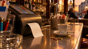 Comptoir de zinc d’un bar-tabac, un ticket de papier vierge sortant d’un petit terminal, une tasse d’espresso et quelques pièces posées à côté, lumière du soir