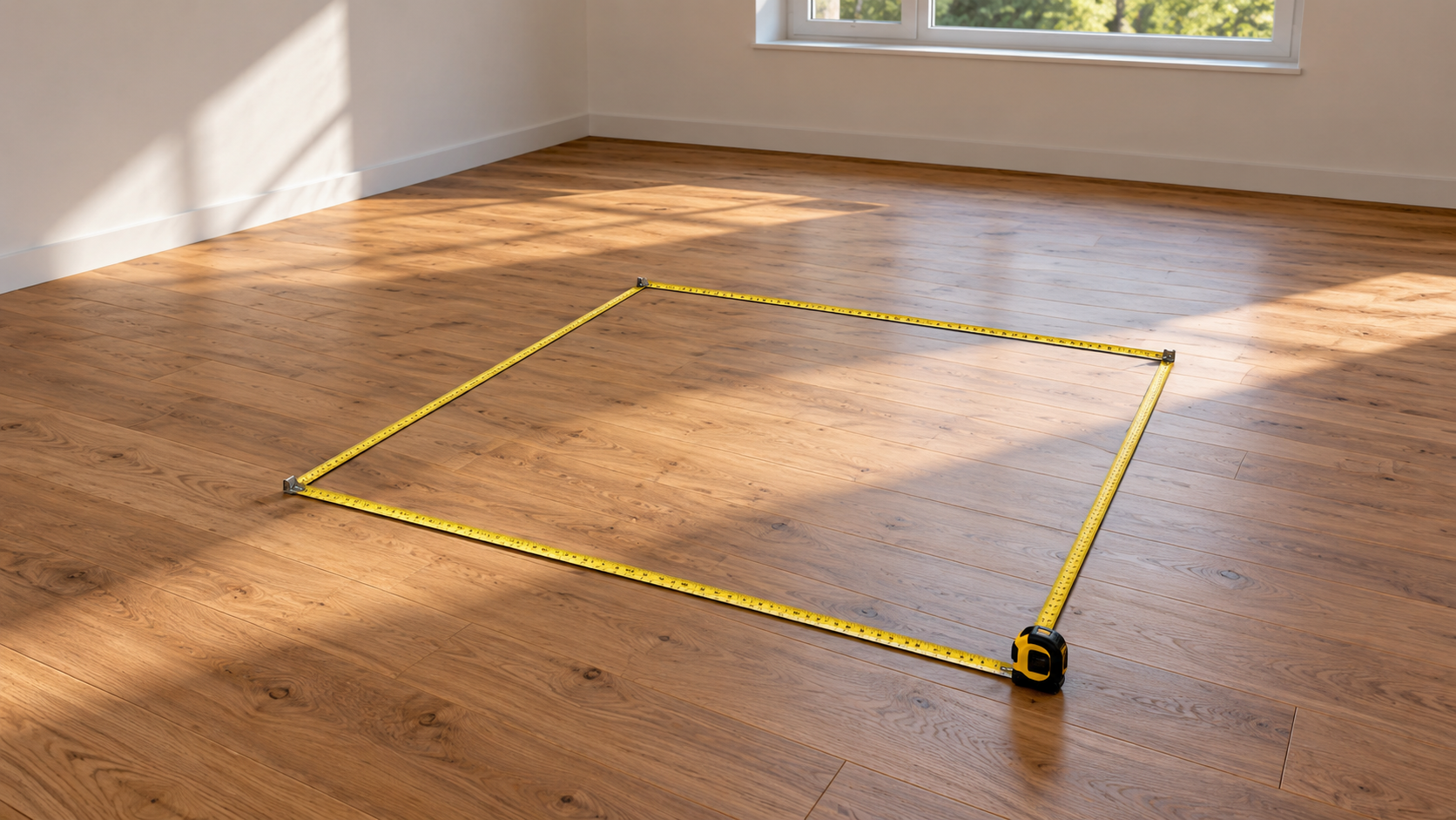 Mètre ruban déroulé sur un parquet nu dans un appartement vide, délimitant un carré d’environ 1,3 mètre de côté, lumière d’une fenêtre haute