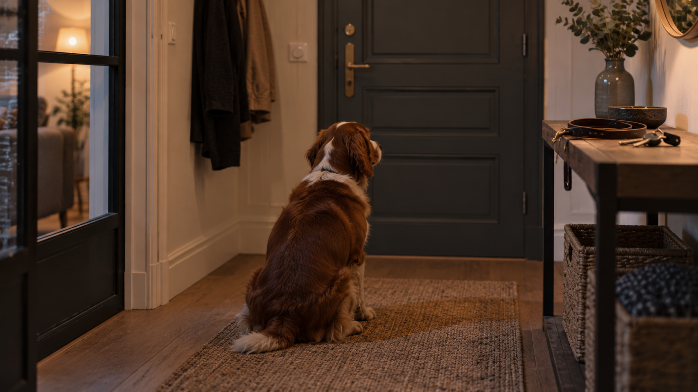 Un chien assis seul face à la porte fermée d’un appartement, une laisse et des clés posées sur un meuble d’entrée.