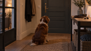 Un chien assis seul face à la porte fermée d’un appartement, une laisse et des clés posées sur un meuble d’entrée.