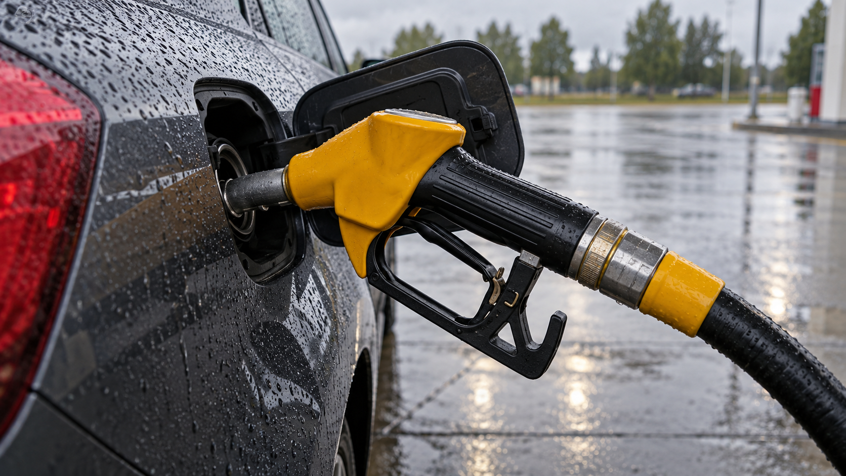 Gros plan d’un pistolet de carburant posé dans le goulot de réservoir d’une voiture, sur un sol mouillé, par temps gris