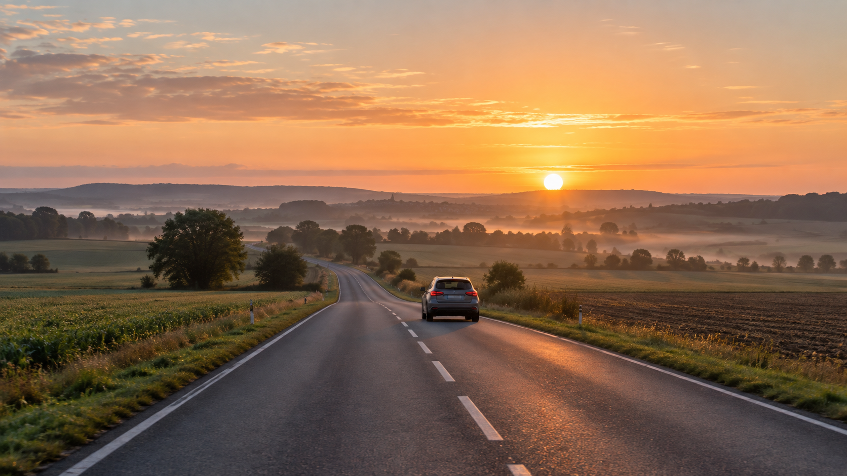 Route départementale à deux voies traversant des champs au petit matin, une voiture grise vue de dos s’éloignant vers l’horizon