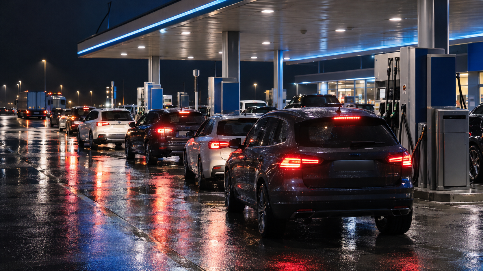 Des voitures font la queue aux pompes d’une station d’autoroute la nuit, l’asphalte mouillé reflète les néons.