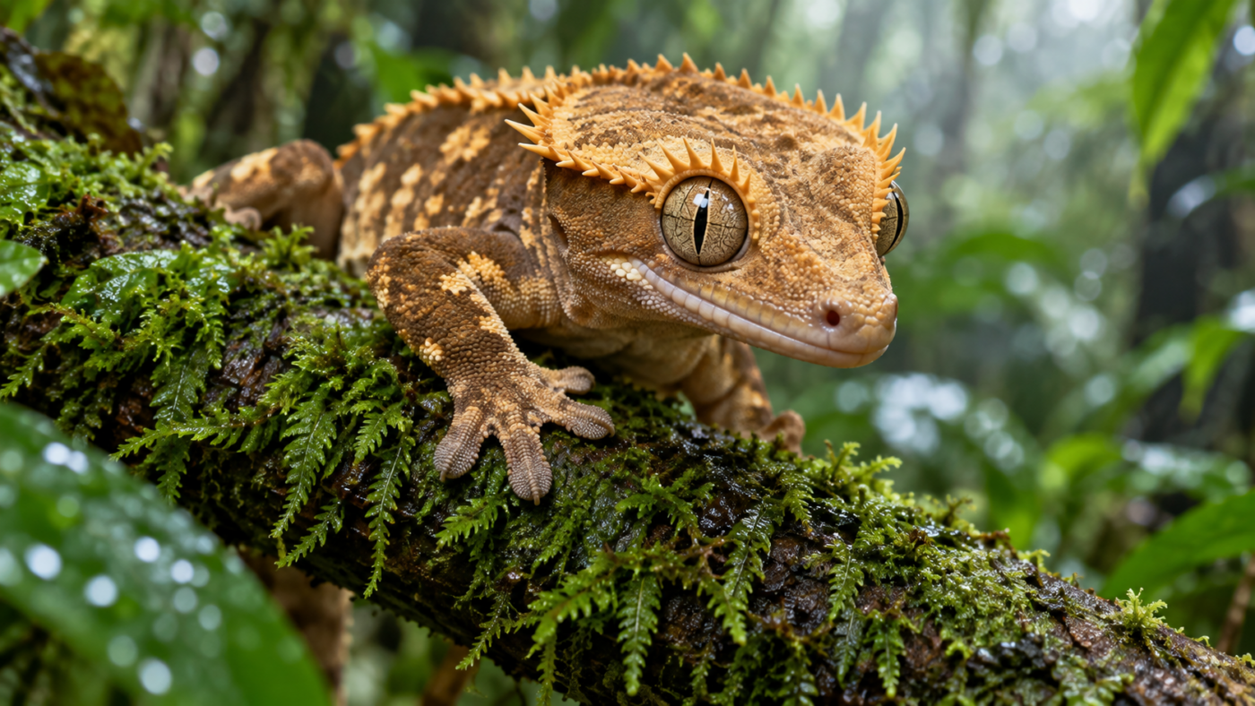 Un gecko à crête agrippé à une branche moussue en forêt humide, les écailles dressées au-dessus des yeux bien visibles.