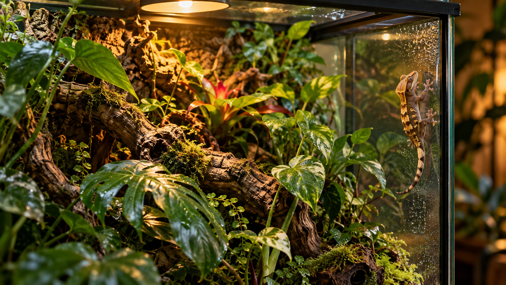 Un terrarium vitré éclairé par une lampe chaude, feuillage tropical et petit gecko posé sur la paroi.