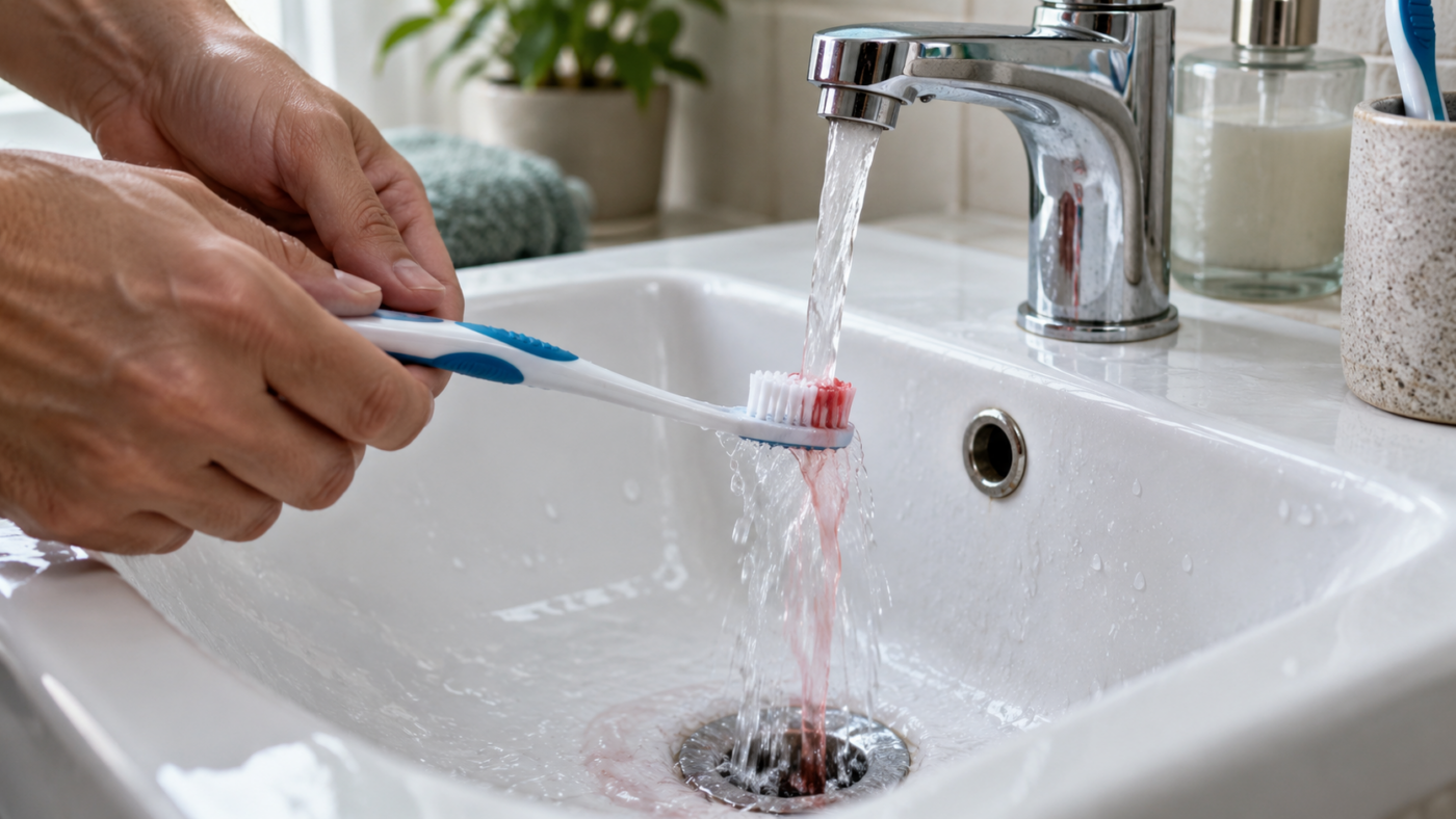 Des mains rincent une brosse à dents au-dessus d’un lavabo blanc, l’eau qui s’écoule est légèrement rosée.
