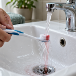 Des mains rincent une brosse à dents au-dessus d’un lavabo blanc, l’eau qui s’écoule est légèrement rosée.