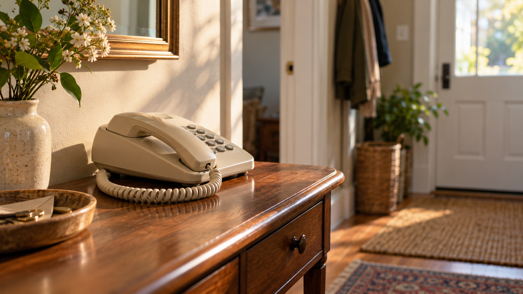 Un téléphone fixe à fil posé sur une table d'entrée, combiné raccroché, dans la lumière du matin.