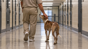 Un homme de dos caresse un chien maigre dans un couloir carrelé d’établissement.