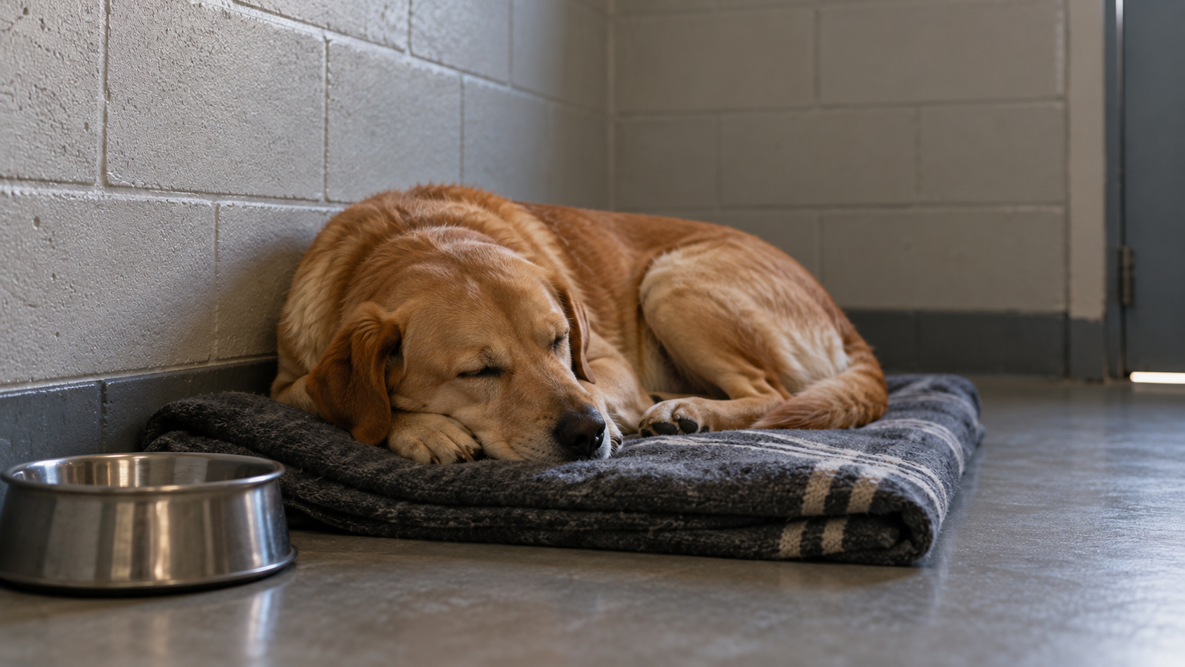 Un chien endormi sur une couverture pliée, près d’une gamelle en métal, dans une petite pièce aux murs de parpaing.
