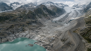 Vue aérienne d’une langue glaciaire couverte de débris qui s’arrête loin en amont de ses anciennes moraines, avec de la roche grise polie et un petit lac turquoise d’eau de fonte à sa place.