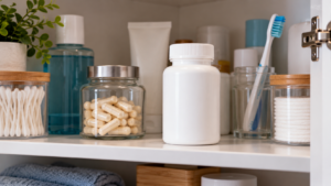 Étagère d’armoire à pharmacie domestique avec un flacon blanc de gélules sans étiquette lisible.