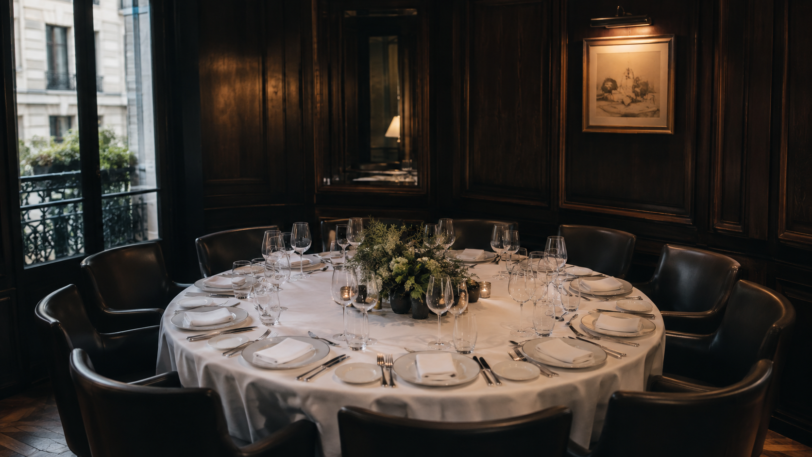 Table ronde dressée pour dix couverts dans une salle de restaurant parisienne aux boiseries sombres, sans convives.