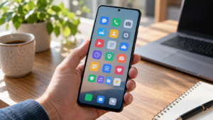 Une main tient un smartphone affichant une grille d’icônes d’applications floutée, sur un bureau en bois éclairé par la lumière du jour.
