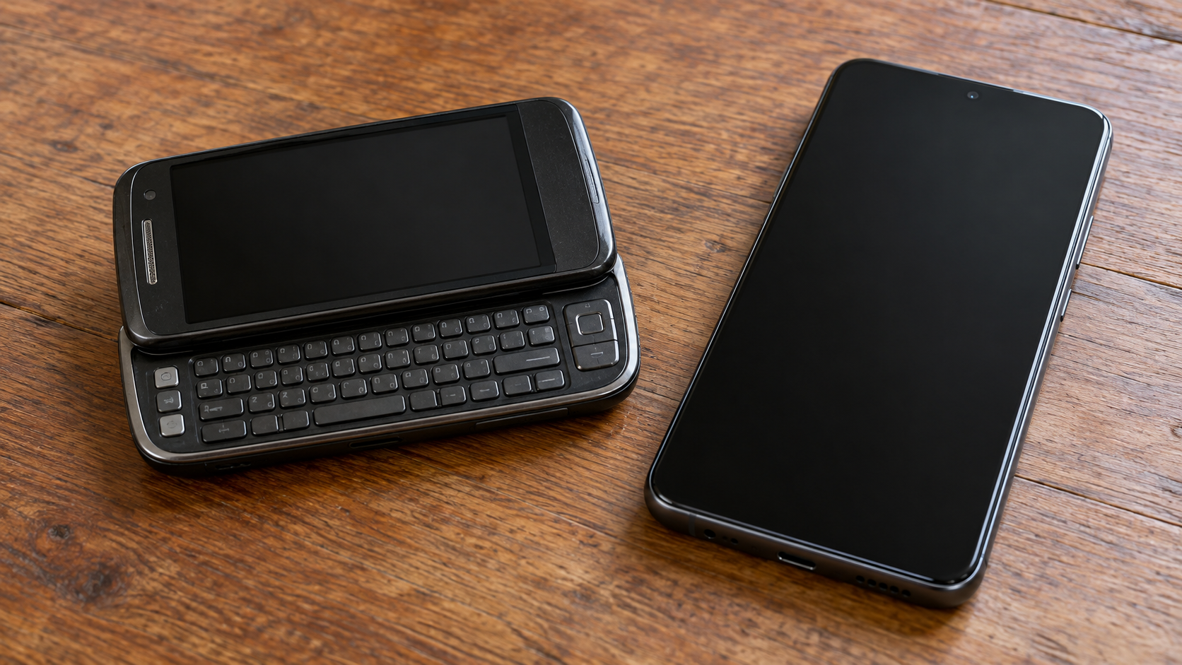 Un téléphone à clavier coulissant de la fin des années 2000 posé à côté d’un smartphone récent, écrans éteints, sur une table en bois.