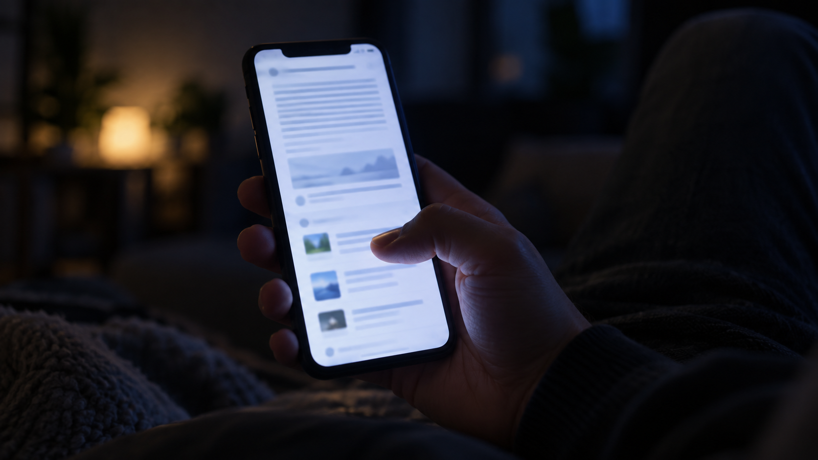 Une main tient un téléphone dans une pièce sombre, le pouce posé en bas de l’écran pour faire défiler une longue page.