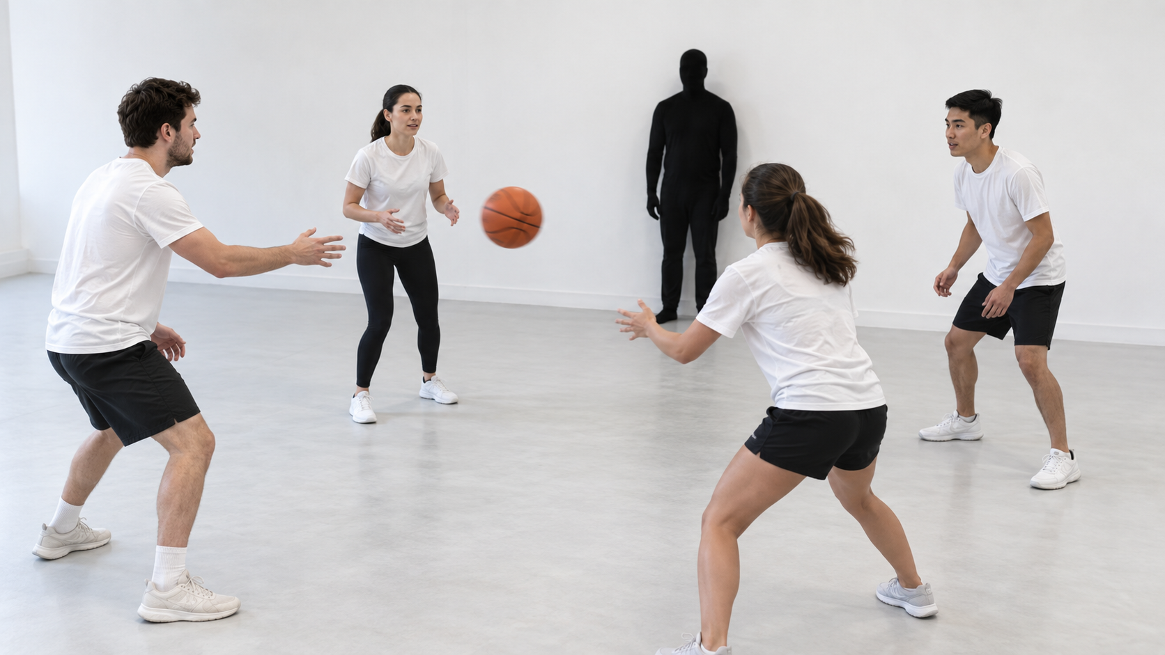 Des joueurs se passent un ballon dans une salle blanche, une silhouette sombre se tient immobile derrière eux.