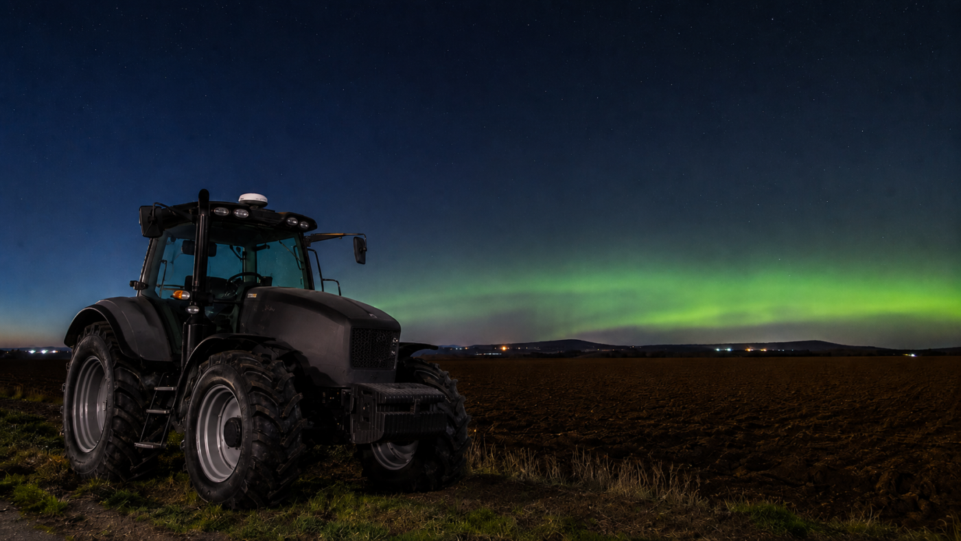 Tracteur à l’arrêt en bordure d’un champ labouré la nuit, petit récepteur satellite sur le toit de la cabine, faible lueur verte à l’horizon.