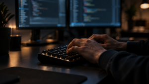 Les mains d'un développeur posées sur un clavier mécanique, deux écrans flous en arrière-plan dans un bureau sombre.