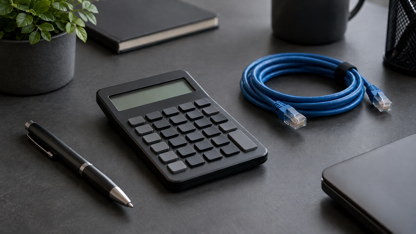 Une calculatrice de poche et un stylo sur un bureau gris foncé, à côté d'un câble réseau enroulé.