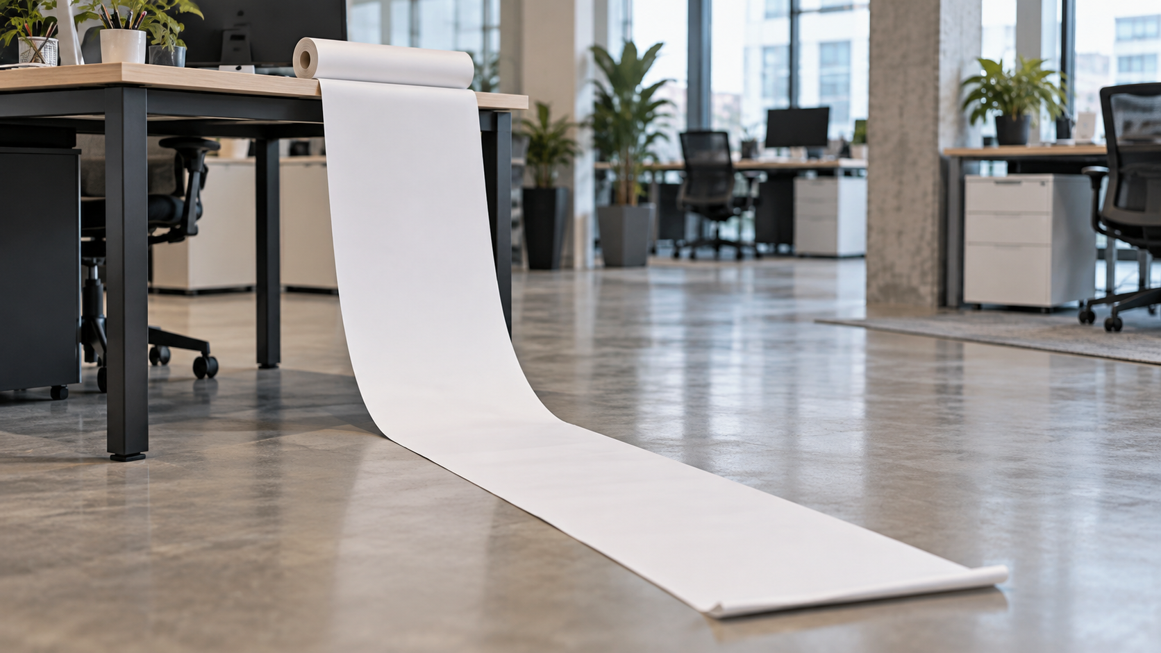 Long rouleau de papier vierge déroulé depuis le bord d’un bureau jusqu’au sol d’un open space.