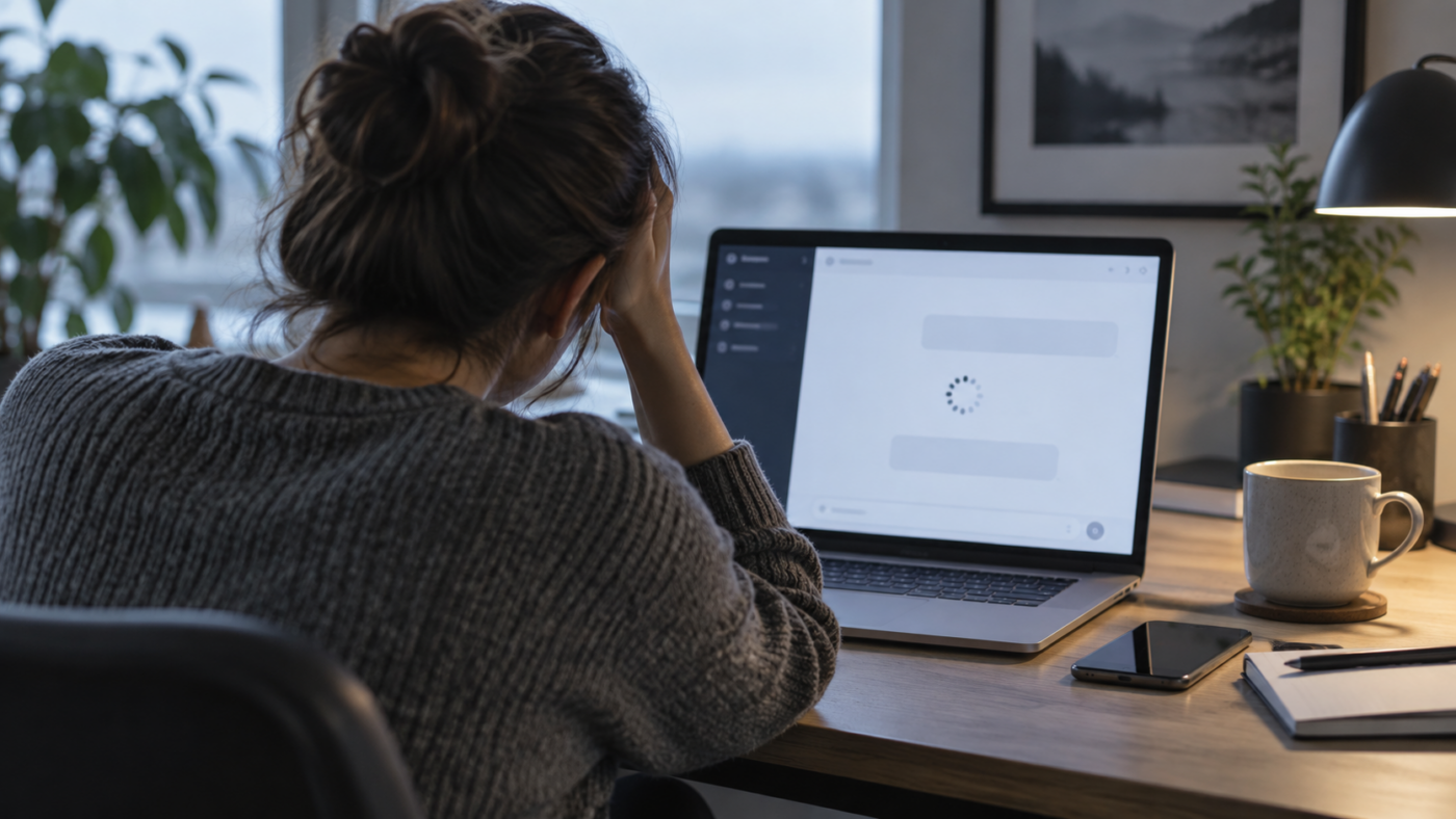 Une personne assise à un bureau devant un ordinateur portable dont l’écran affiche une interface de conversation en cours de chargement.