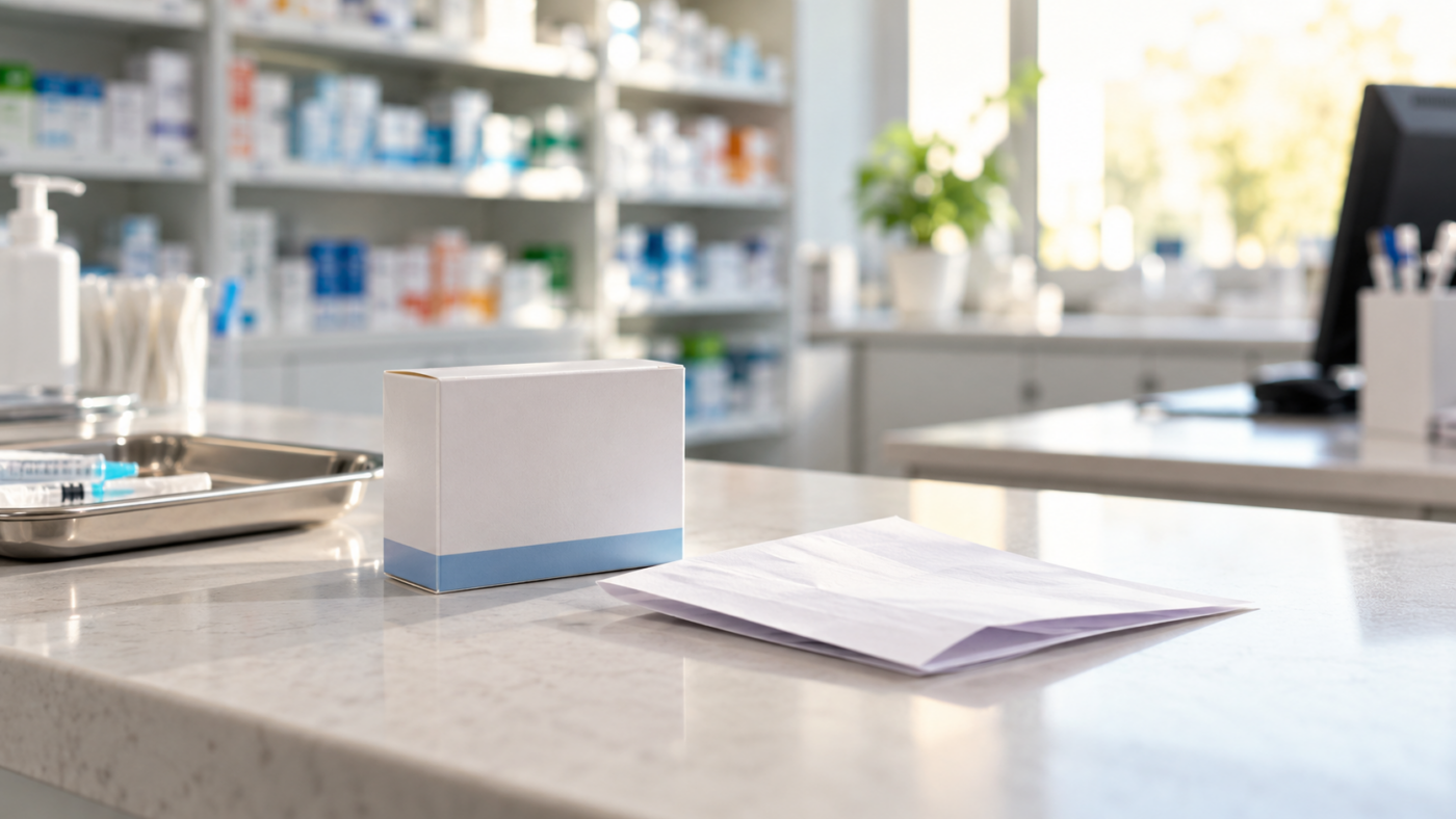 Comptoir de pharmacie en lumière du matin, une petite boîte de vaccin posée à côté d’un formulaire papier plié.