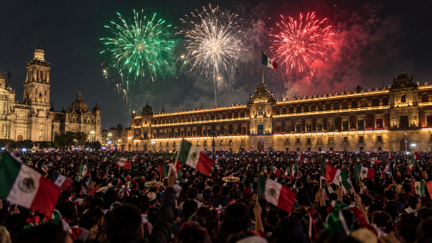 Foule très dense agitant des petits drapeaux sur une grande place la nuit, sous des feux d’artifice, devant la façade éclairée d’un palais.