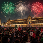 Foule très dense agitant des petits drapeaux sur une grande place la nuit, sous des feux d’artifice, devant la façade éclairée d’un palais.