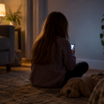 Un enfant de dos, assis par terre le soir, l’écran de son téléphone éclairant le mur du salon.