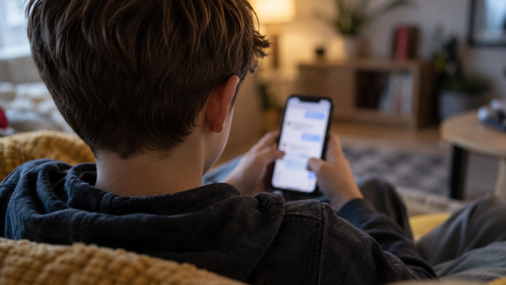 Mains d’enfant tenant un téléphone, fil de discussion flou et illisible à l’écran.