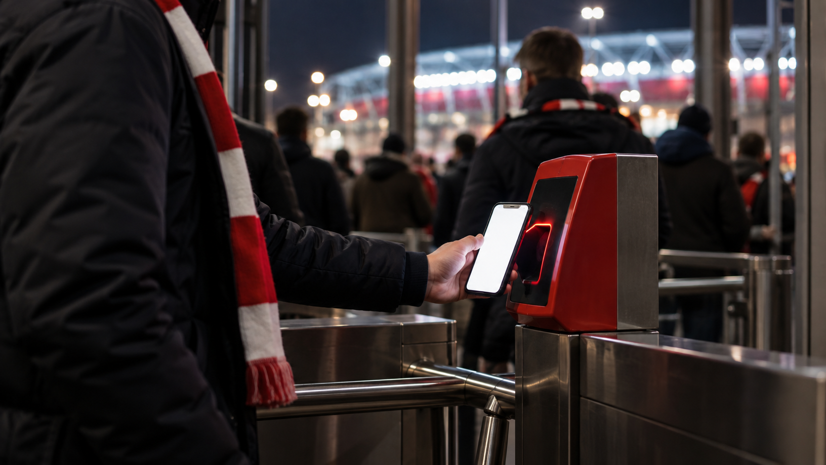 Une main tend un smartphone à l’écran blanc devant le lecteur rouge d’un tourniquet de stade, une file floue à l’arrière-plan.