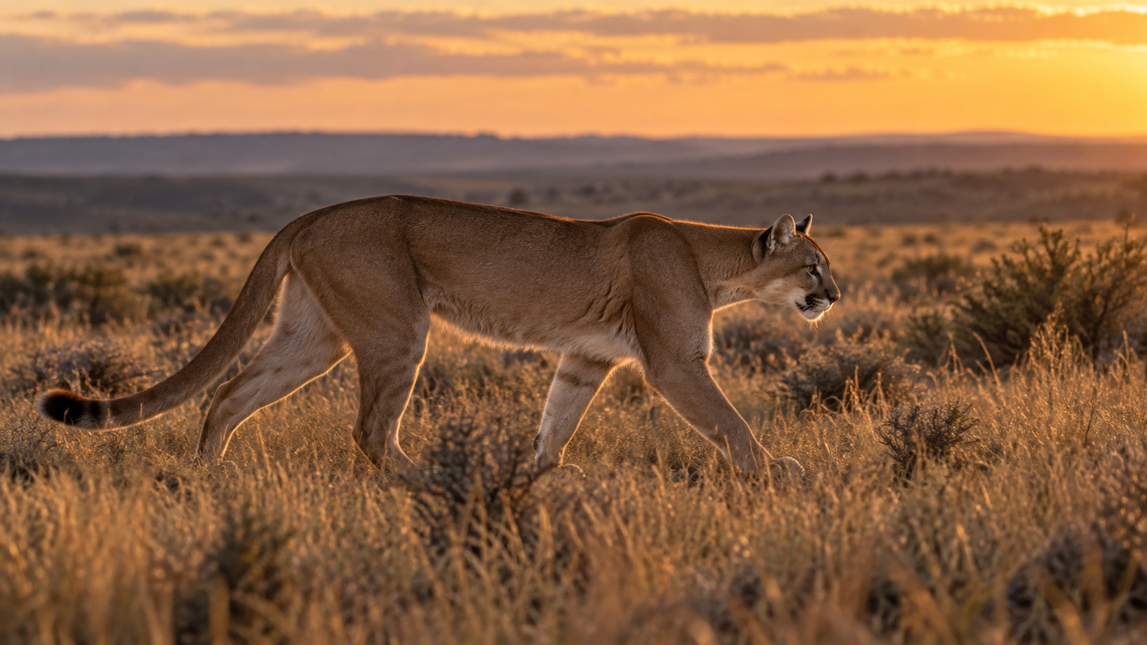 Le même félin élancé traverse seul une prairie sèche au crépuscule, silhouette de profil dans les hautes herbes.