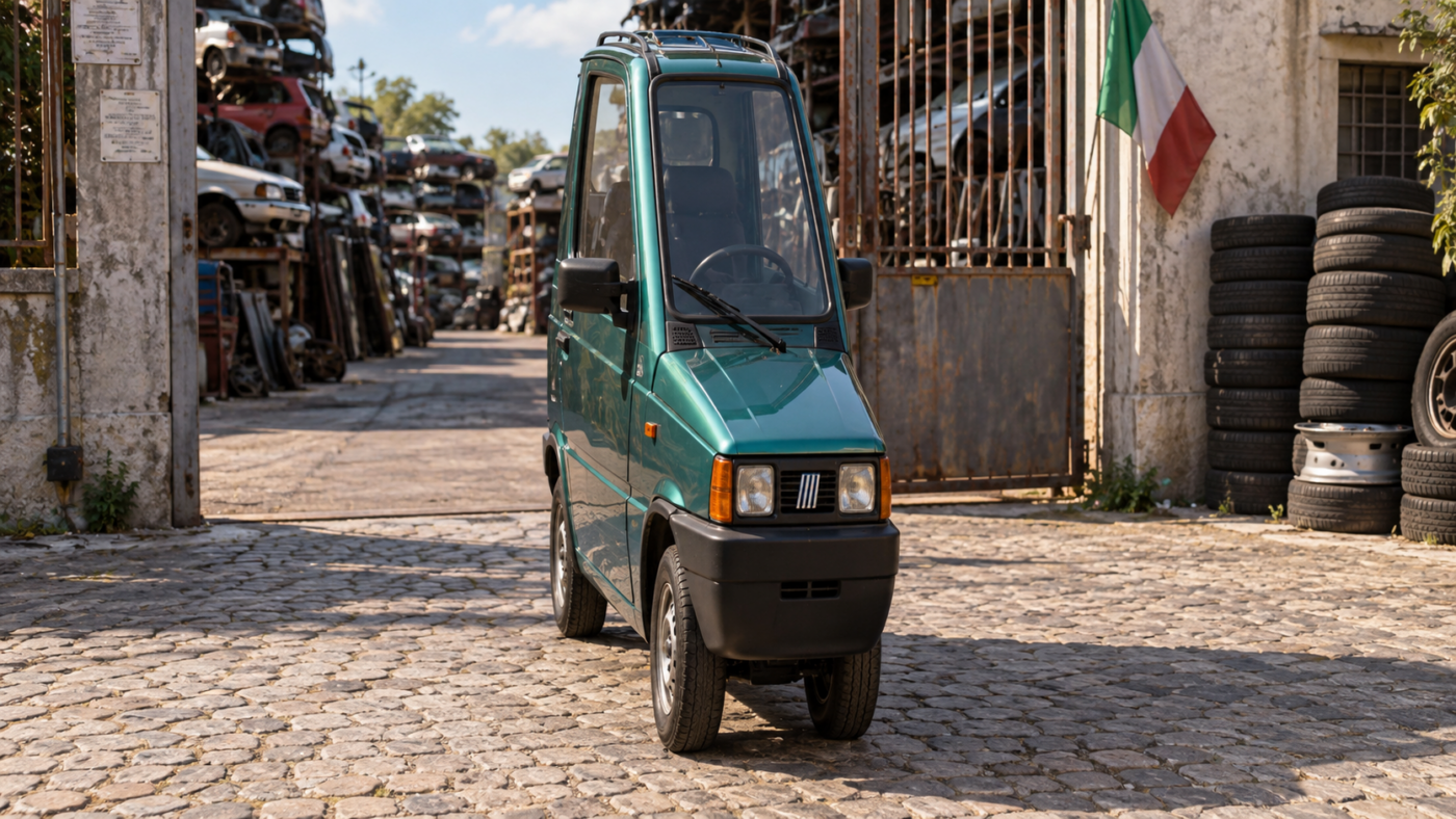 Voiture monoplace extrêmement étroite reconstruite à partir d'une petite citadine, garée sur une rue pavée devant un portail de casse automobile