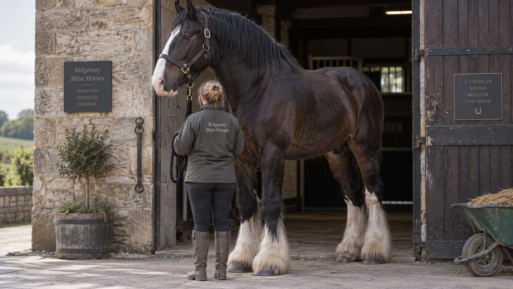 Cheval de trait shire très grand devant une porte d'écurie, un adulte de dos tenant la longe, le garrot du cheval dépassant la tête de la personne