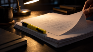 Pages de scénario empilées sur une table sombre sous une lampe de bureau, une feuille soulevée entre deux doigts, texte flou et illisible, surligneur jaune posé en travers.