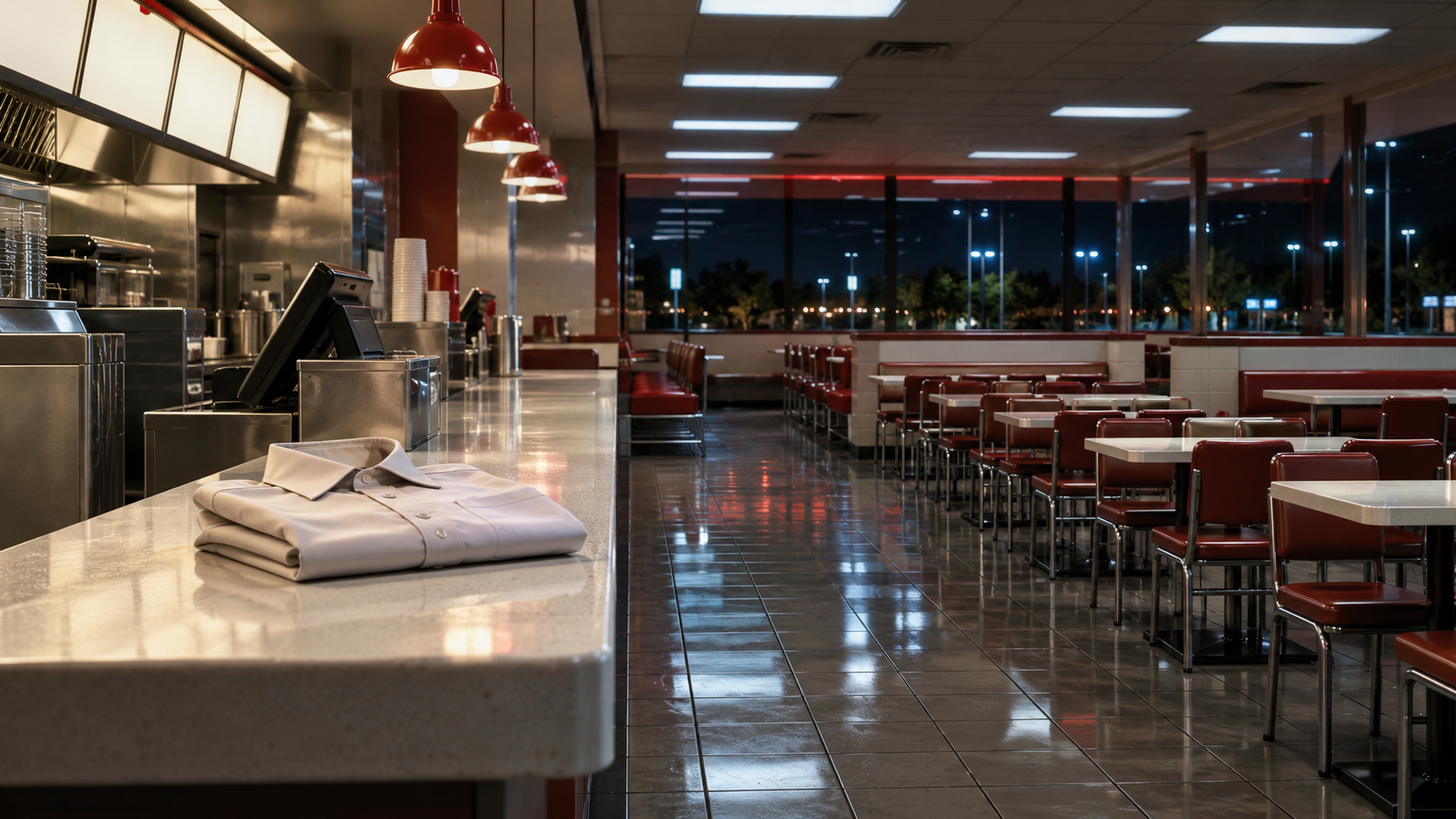 Salle de fast-food vide la nuit, comptoir impeccable, sol carrelé fraîchement lavé, chaises parfaitement alignées sous un néon froid, chemise repassée pliée sur le comptoir.