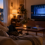 Un salon éclairé en début de soirée, la télévision diffuse la scène vide d'un grand auditorium.