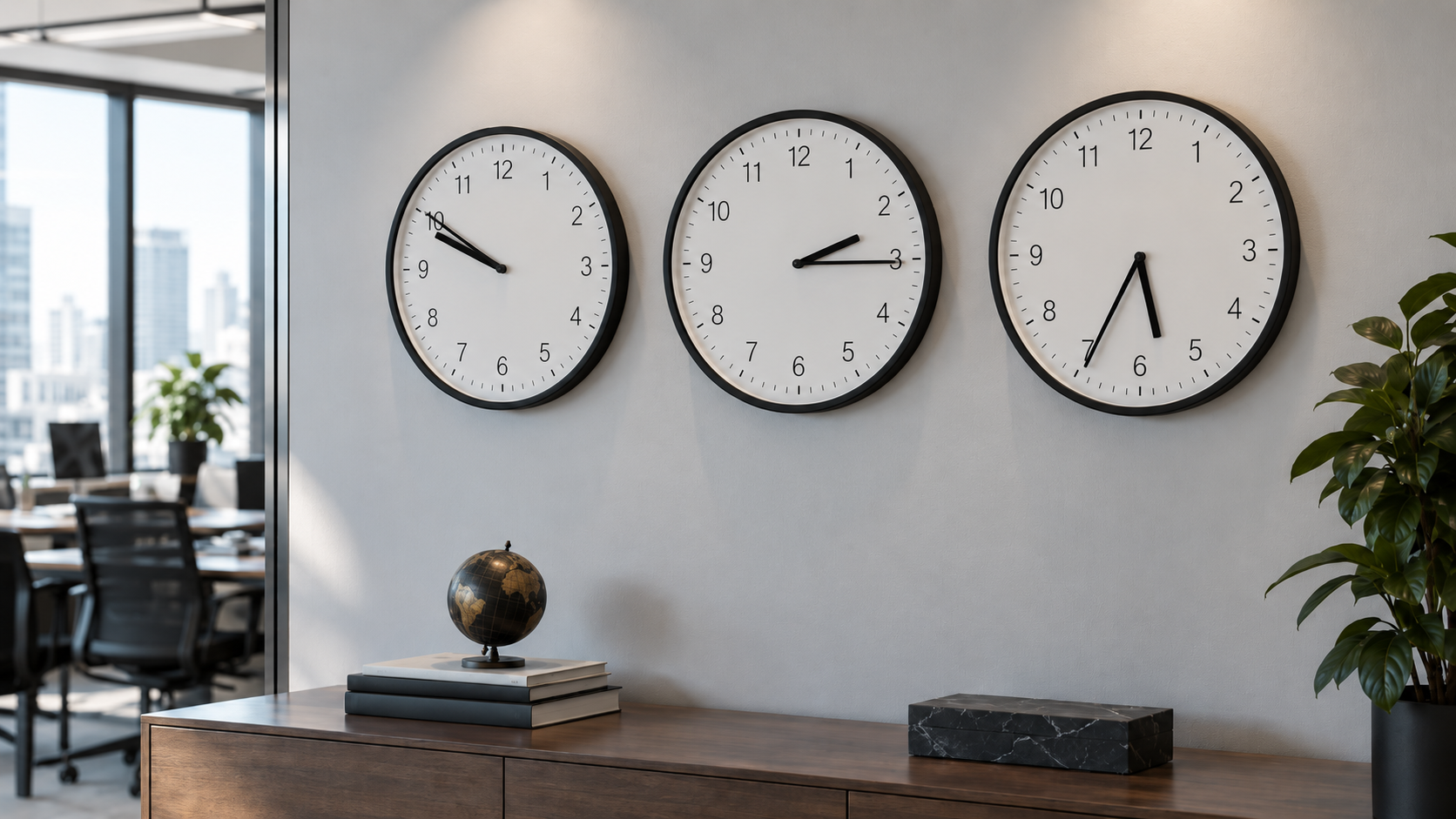 Trois horloges murales alignées dans un bureau, chacune indiquant une heure différente.