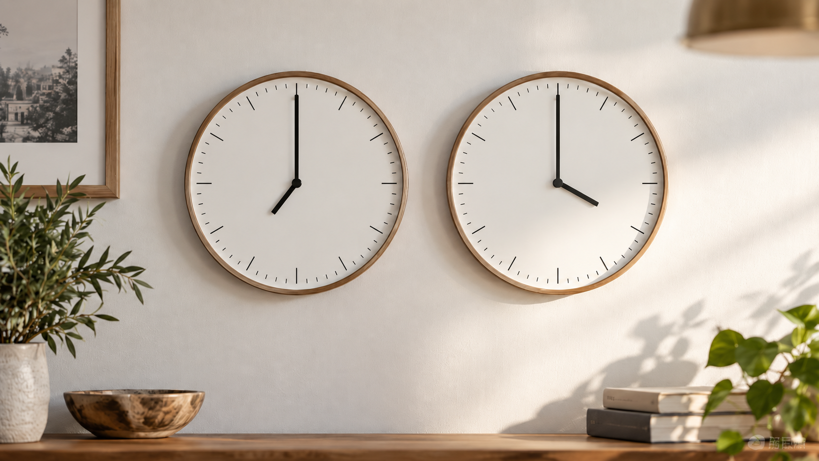 Deux horloges murales rondes sans chiffres, côte à côte sur un mur clair, leurs aiguilles réglées sur des heures différentes.