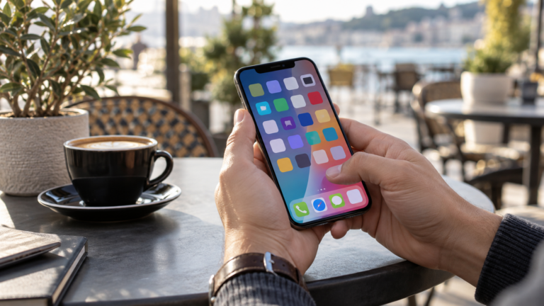 Gros plan sur des mains tenant un smartphone qui affiche une grille d’applications colorées, sur une table de café en terrasse.