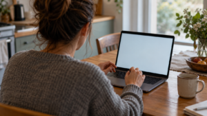 Une personne assise à une table de cuisine devant un ordinateur portable, les mains suspendues au-dessus du clavier, un champ de commentaire vide à l’écran.